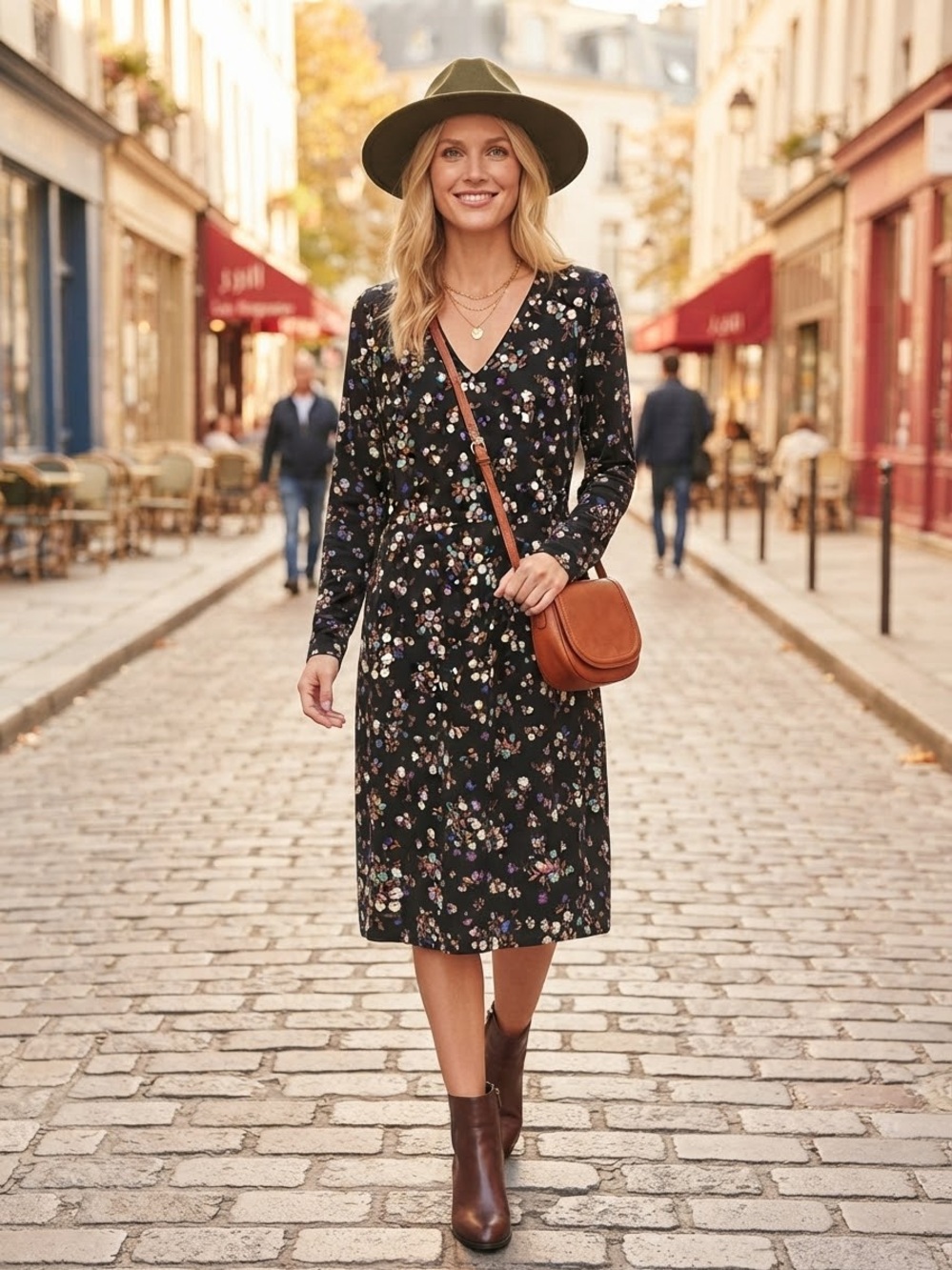 J.Jill Wearever Black Floral Long Sleeve Midi Dress V-Neck Petite M